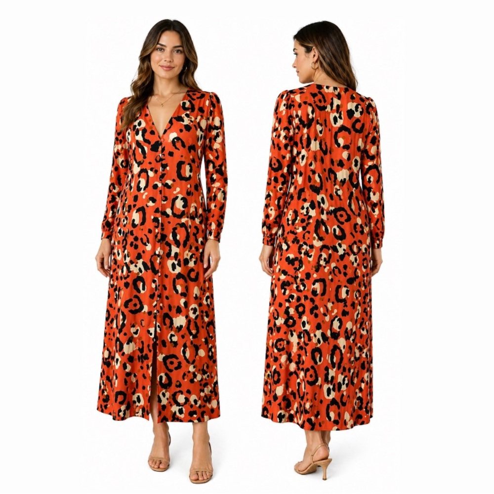 Ted Baker London, Coral Leopard Print Button Front Midi Dress, Size 4 (US 10–12)